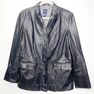 GAP Jacket Black 100% Leather Button Front Flap Pocket Lined Leather Blazer Moto